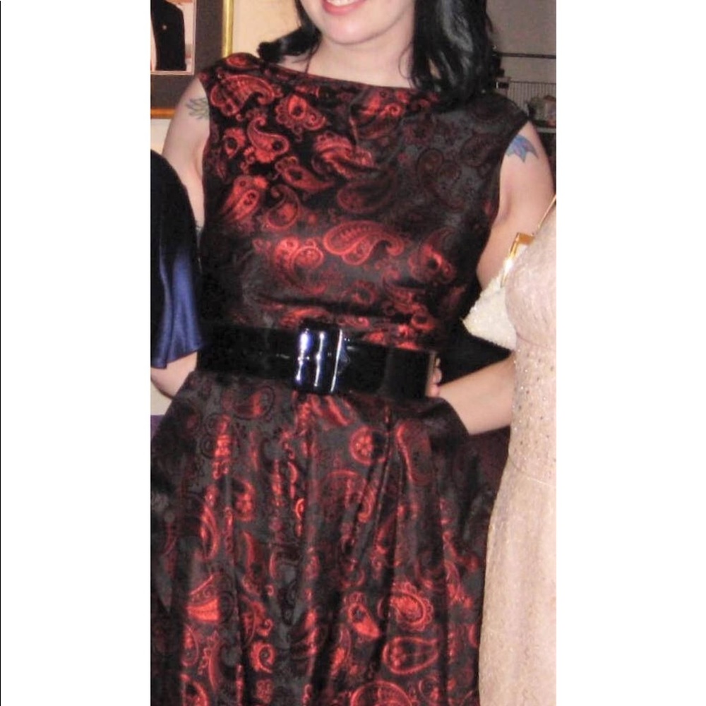 Retro pinup dress, black red paisley semi-formal